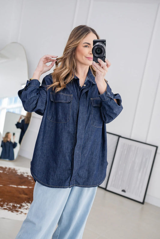 Camisa Marina Jeans Mullet Reta em 100% Algodão