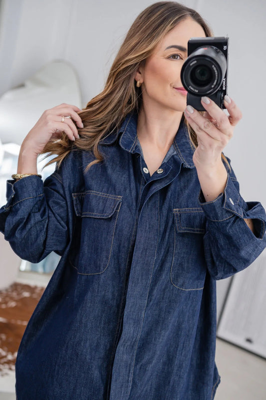 Camisa Marina Jeans Mullet Reta em 100% Algodão