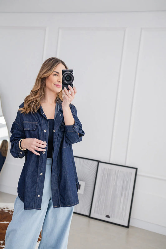 Camisa Marina Jeans Mullet Reta em 100% Algodão