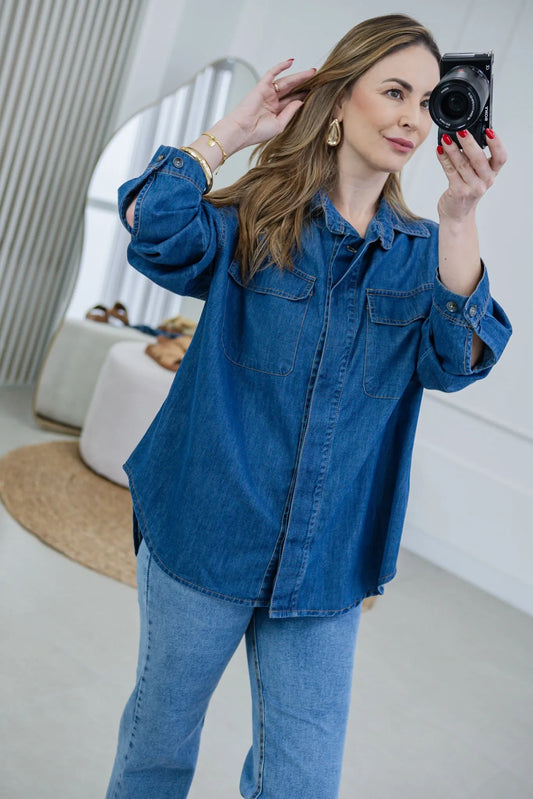 Camisa Marina Jeans Mullet Reta em 100% Algodão